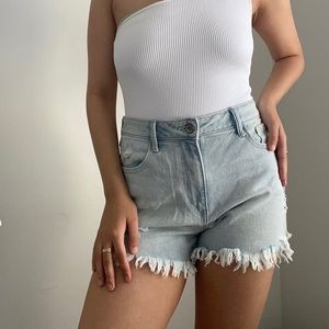 New York Los Angeles High Rise Frayed Denim Shorts